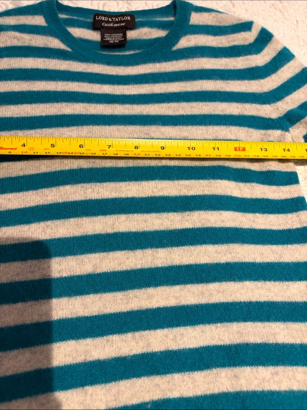 Lord & Taylor Teal and Grey Cashmere Striped Crewneck Sweater - Picture 4 of 5